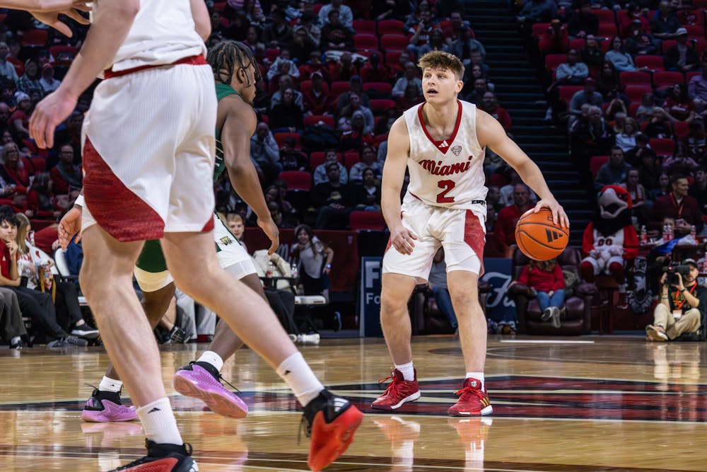 Sophomore guard Evan Ipsaro dribbling against the Bobcats on Feb. 1 at Millett Hall