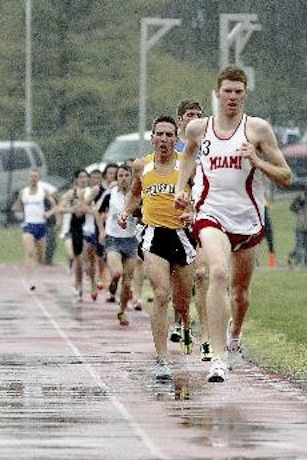 Miami sophomore Pat Sovacool leads the pack during the wet and rainy 22nd annual Miami Invitational Saturday afternoon.
