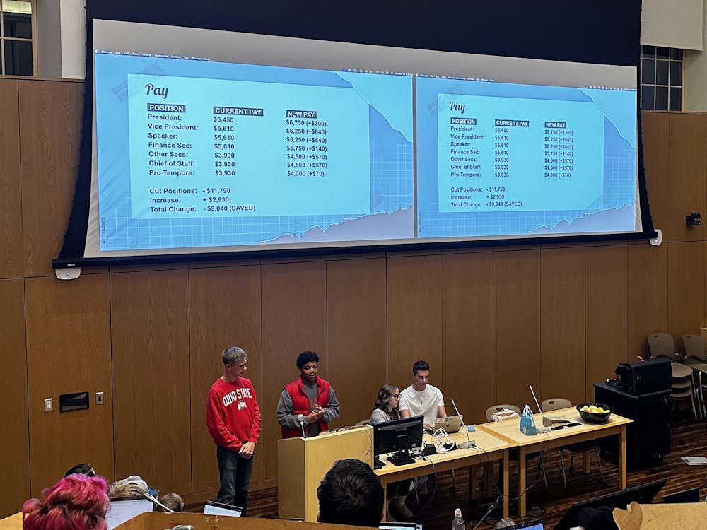 Authors of the proposed legislation, Kiser Young and Aiden Bryant present ASG with the intended changes to the pay of senate secretaries and executive cabinet members if the bill passes. The amounts are not adjusted for inflation. 