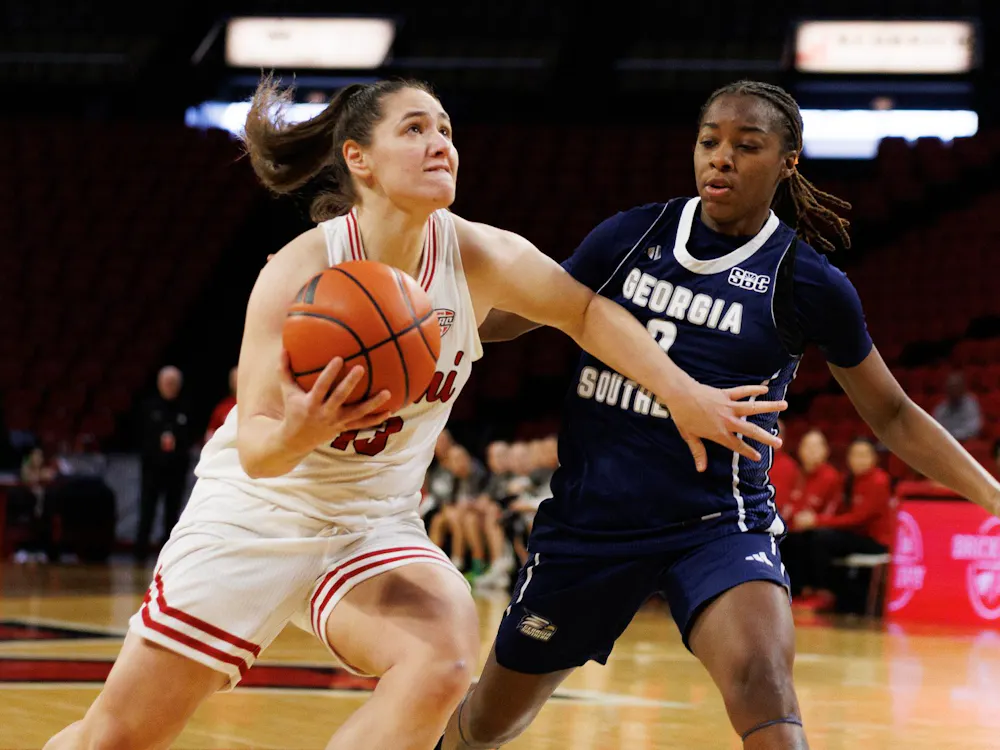 Sophomore guard Tamar Singer drives to the basket against Georgia Southern University on Feb. 7