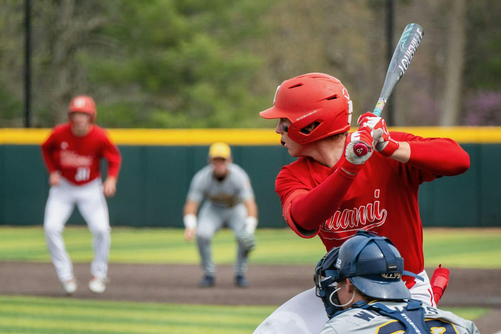 Junior Dominic Krupinski stands at home plate awaiting a pitch against Kent State at McKie Field on April 13