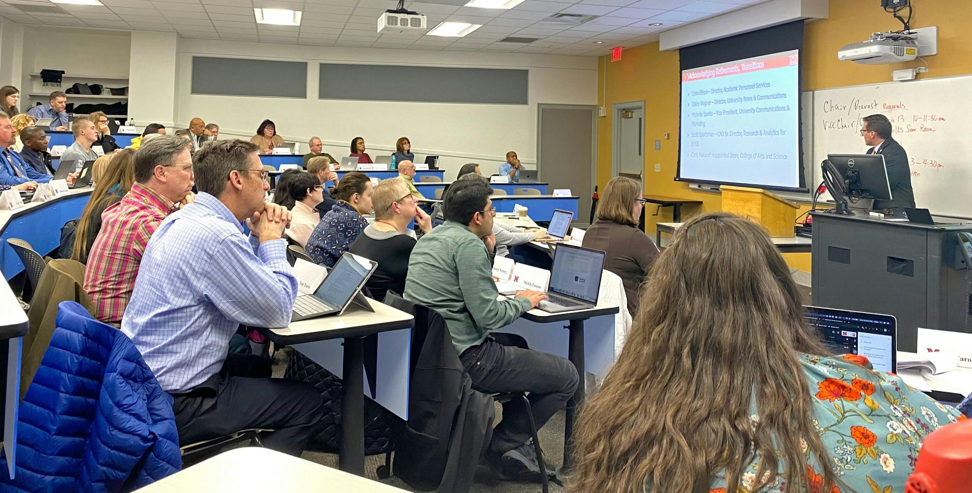 Every other Monday, University Senate comes together in Harrison Hall to discuss different policies and issues on campus. 