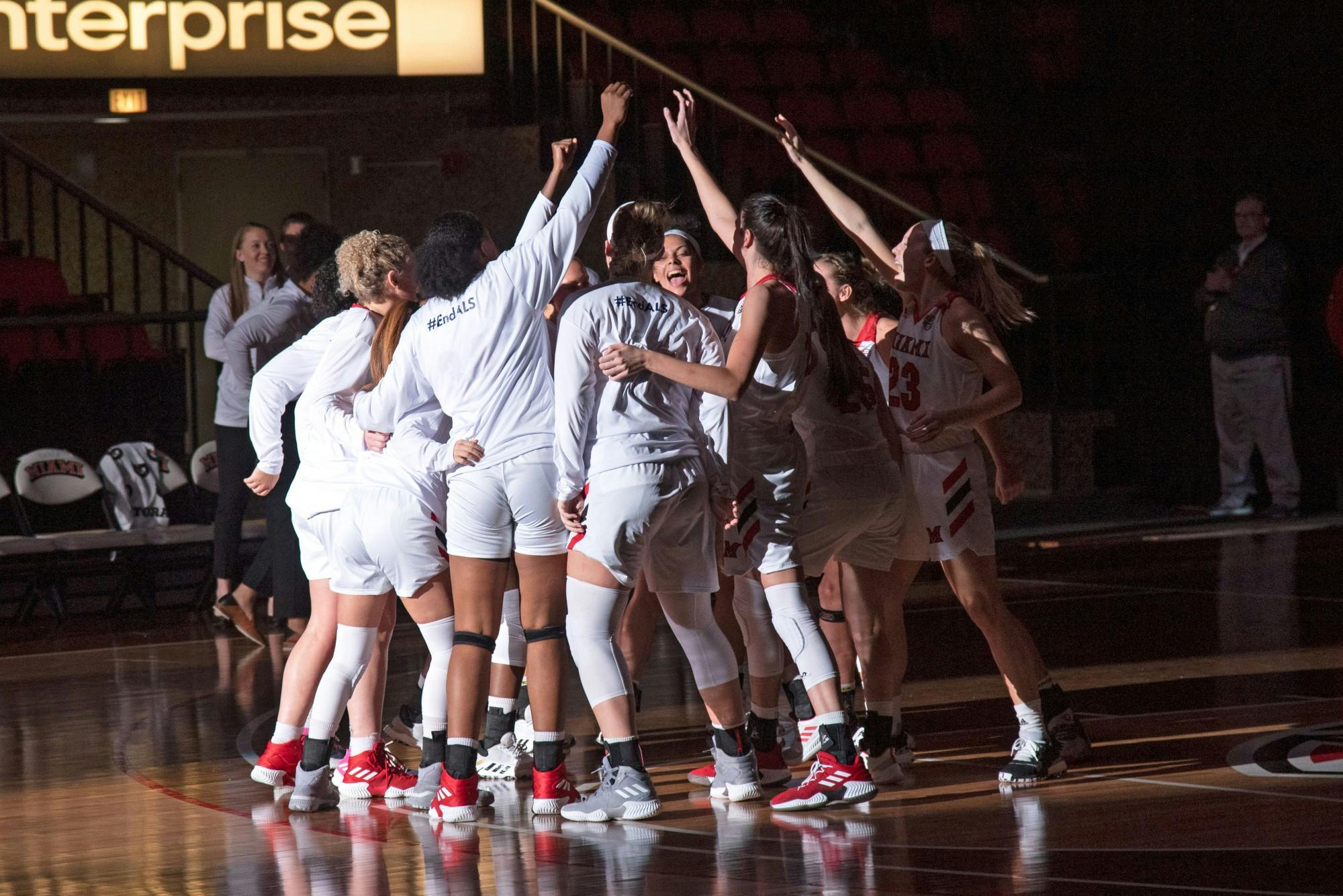 Miami huddles before a 99-87 loss to Central Michigan on Feb. 8 at Millett Hall. The defeat snapped a three-game win streak.