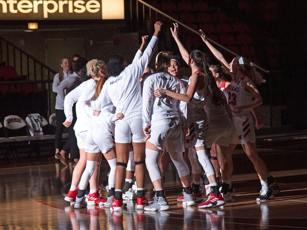Miami huddles before a 99-87 loss to Central Michigan on Feb. 8 at Millett Hall. The defeat snapped a three-game win streak.