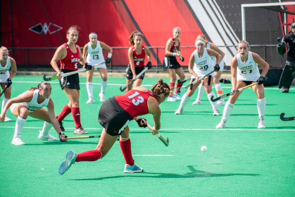 Striker Paula Peña Martinez taking a shot against James Madison University in the RedHawks' 2-1 loss on Sept. 20. 