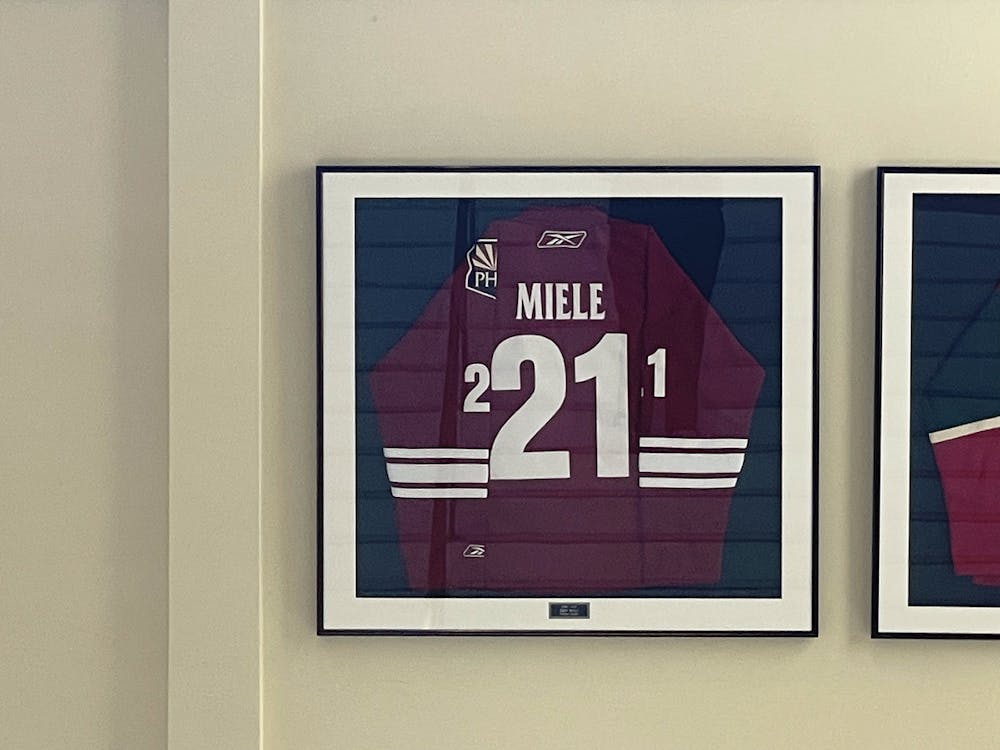 Miele&#x27;s jersey with the Phoenix Coyotes is displayed at Goggin