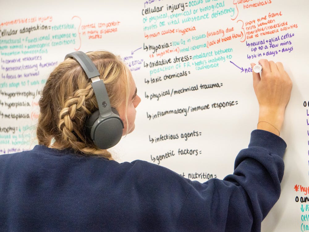 Sophomore nursing major Reagan Rose studies for an upcoming pathophysiology exam. She listens to Spotify’s “Classical Music for Studying” playlist on her Skull Candy headphones.
