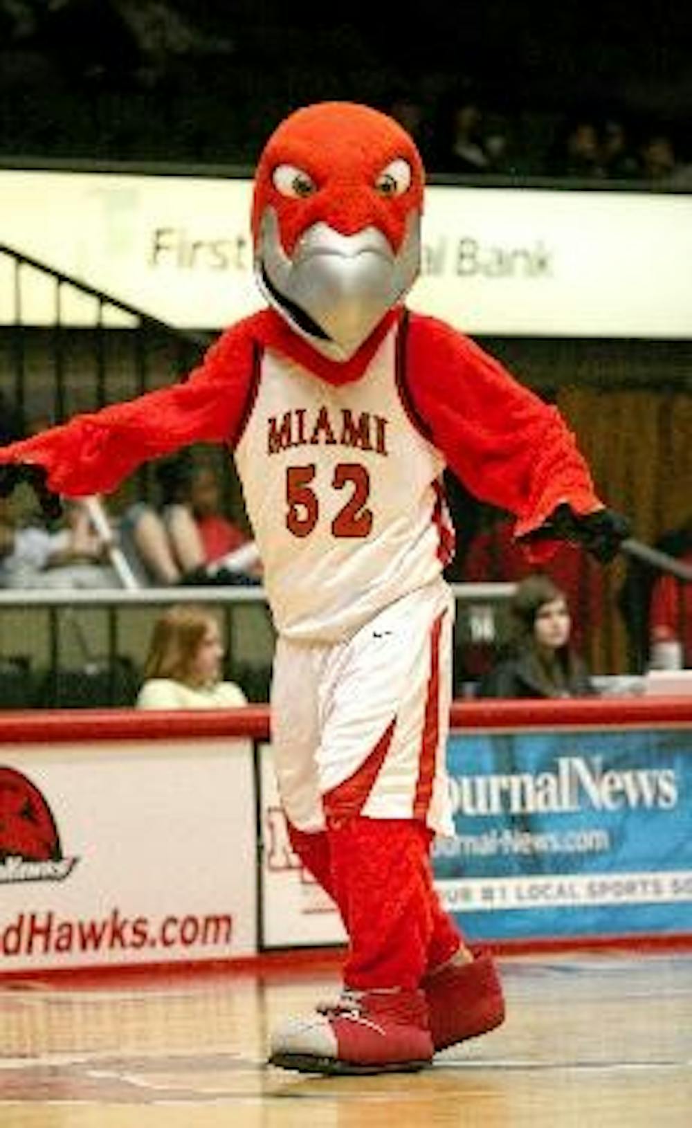 Swoop, seen here in its old uniform, will have an all new look during Miami athletic events this year. Its new costume will be shown before Saturday's football game.  --Jeff Creech/The Miami Student