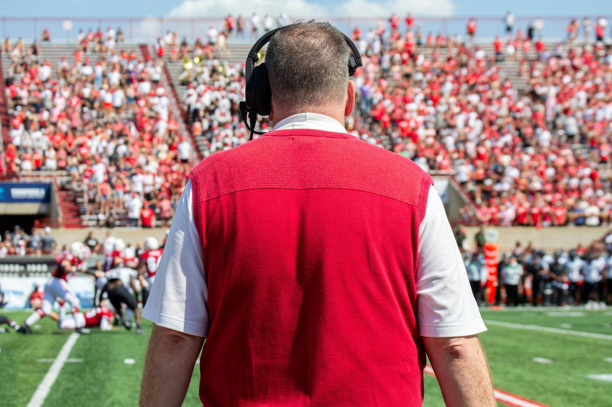 Chuck Martin stands on the sidelines at Yager Stadium against Cincinnati on Sept. 14, 2024.