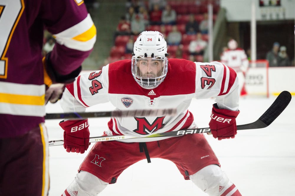 Graduate student forward Christophe Fillion skates in an NCHC home series against the University of Minnesota-Duluth Bulldogs