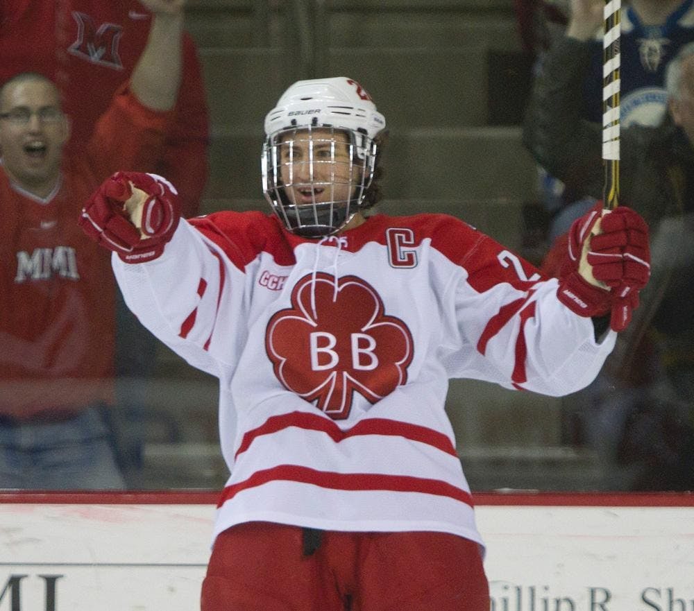 Pat Cannone celebrates after scoring a goal in the second period to put Miami ahead 2-0.
