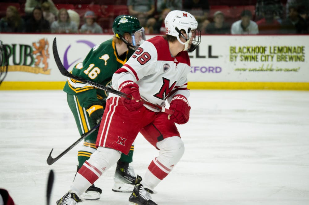 Tanyon Bajzer skates in Miami's home series against the Alaska Anchorage Seawolves