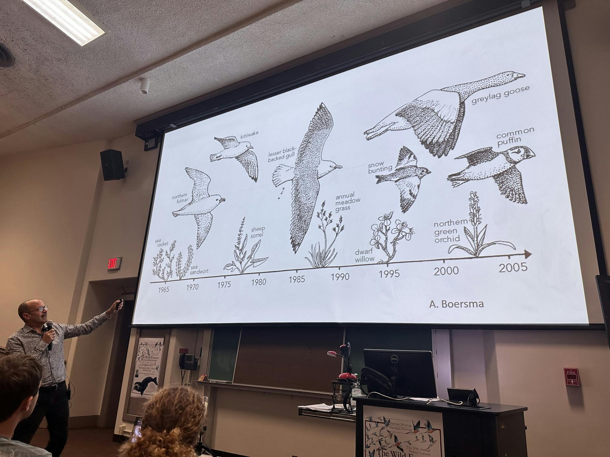 Joe Roman points to the chronology of bird-plant settlement on the young Surtsey island during his recent lecture.