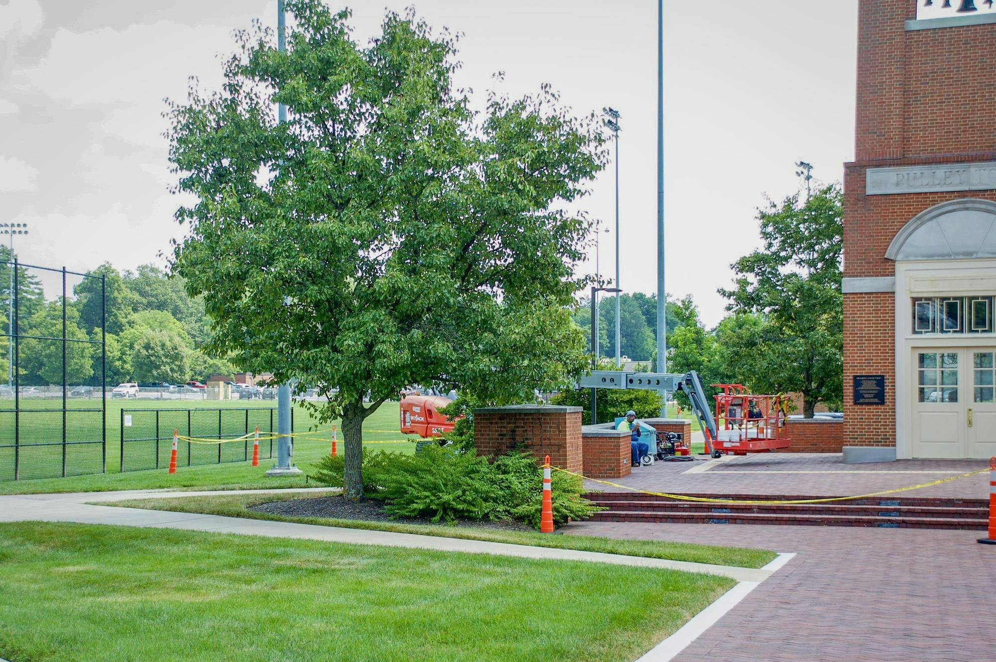 Construction Equipment placed in front of Pulley Tower preparing for new arena Construction to begin.
