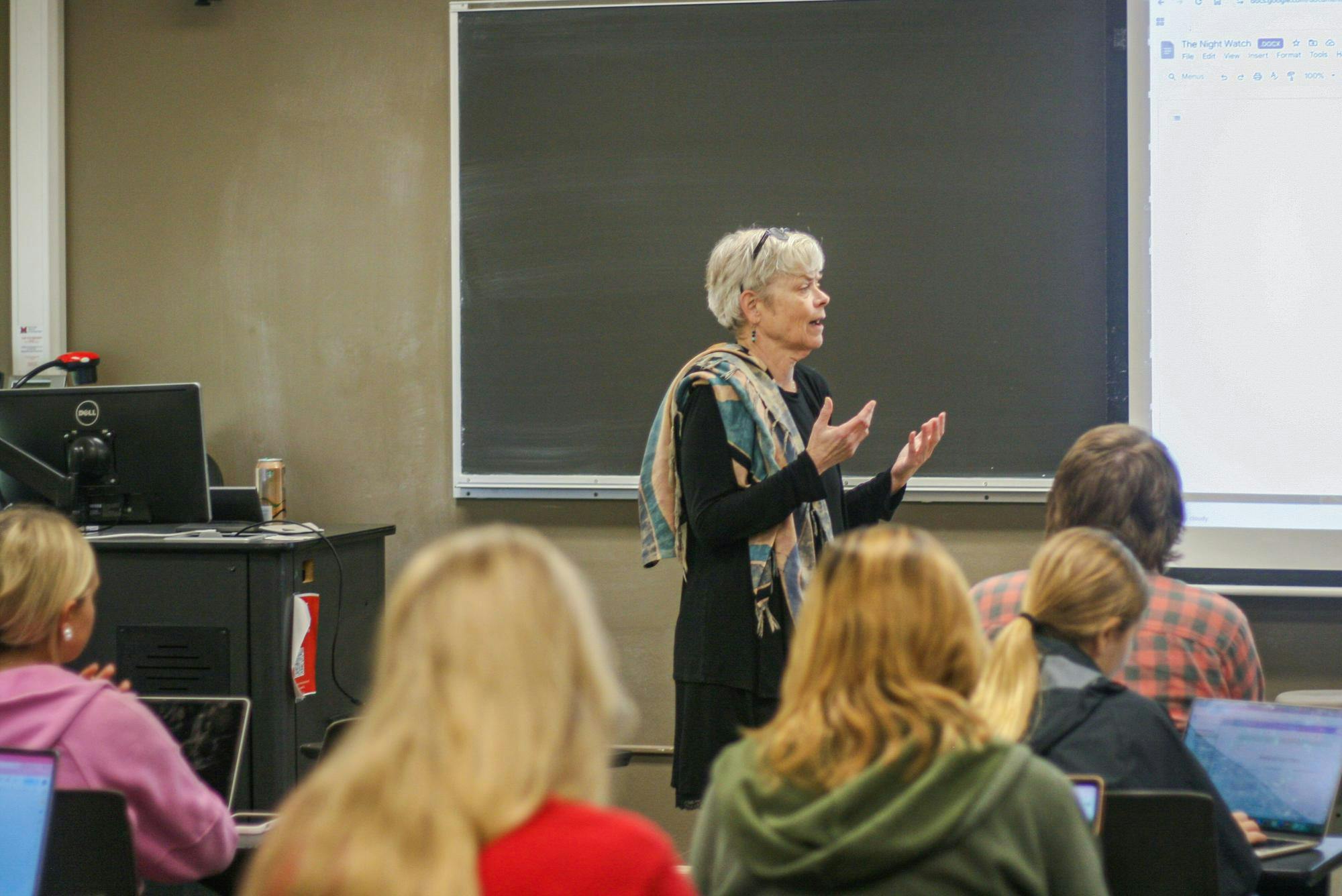 Mary Jean Corbett teaches students in room 249 of Upham Hall.