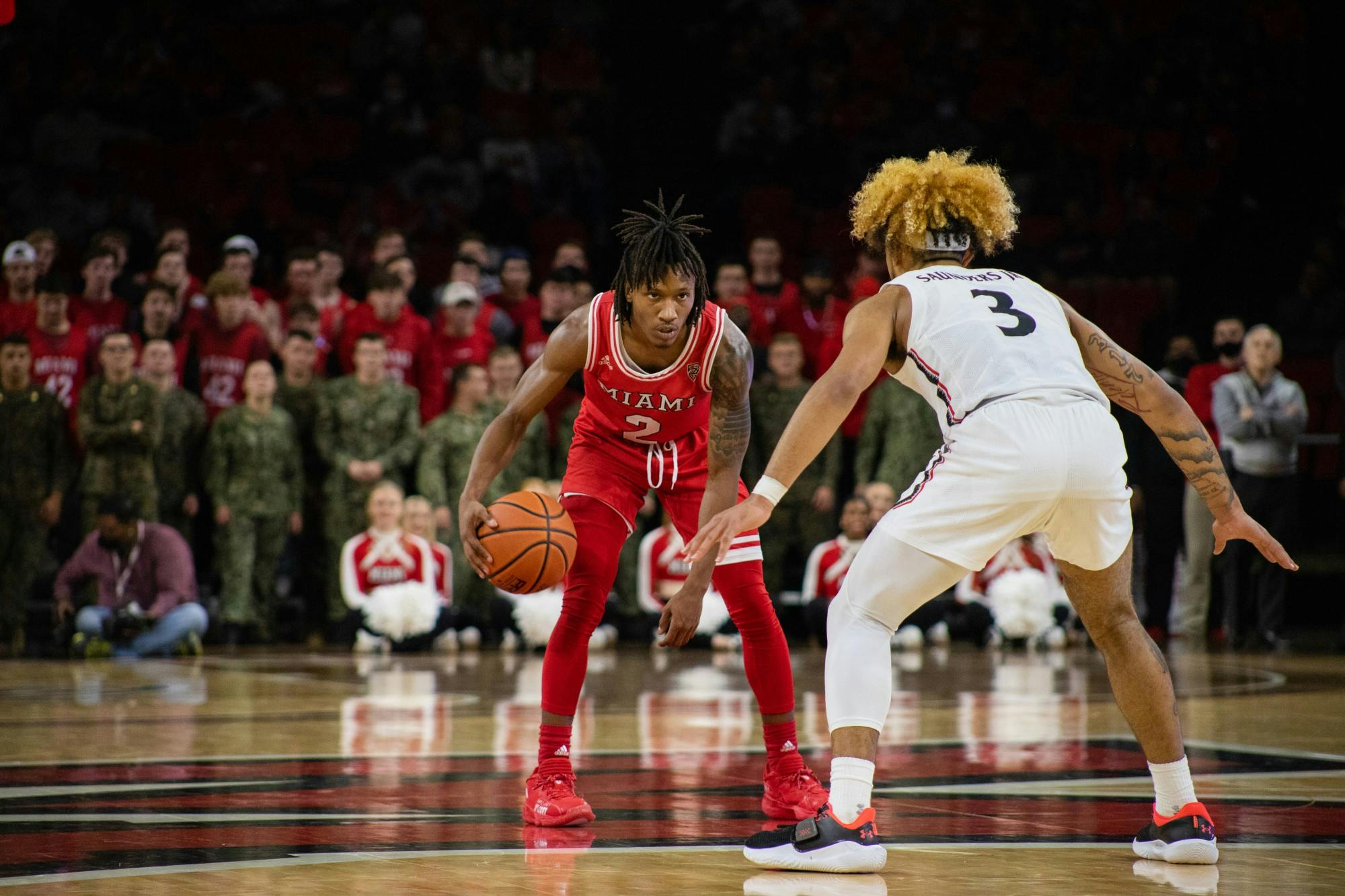 Senior guard Mekhi Lairy sizes up Mike Saunders Jr. during a Dec. 1 59-58 loss to Cincinnati. Lairy scored 20 points in the defeat.