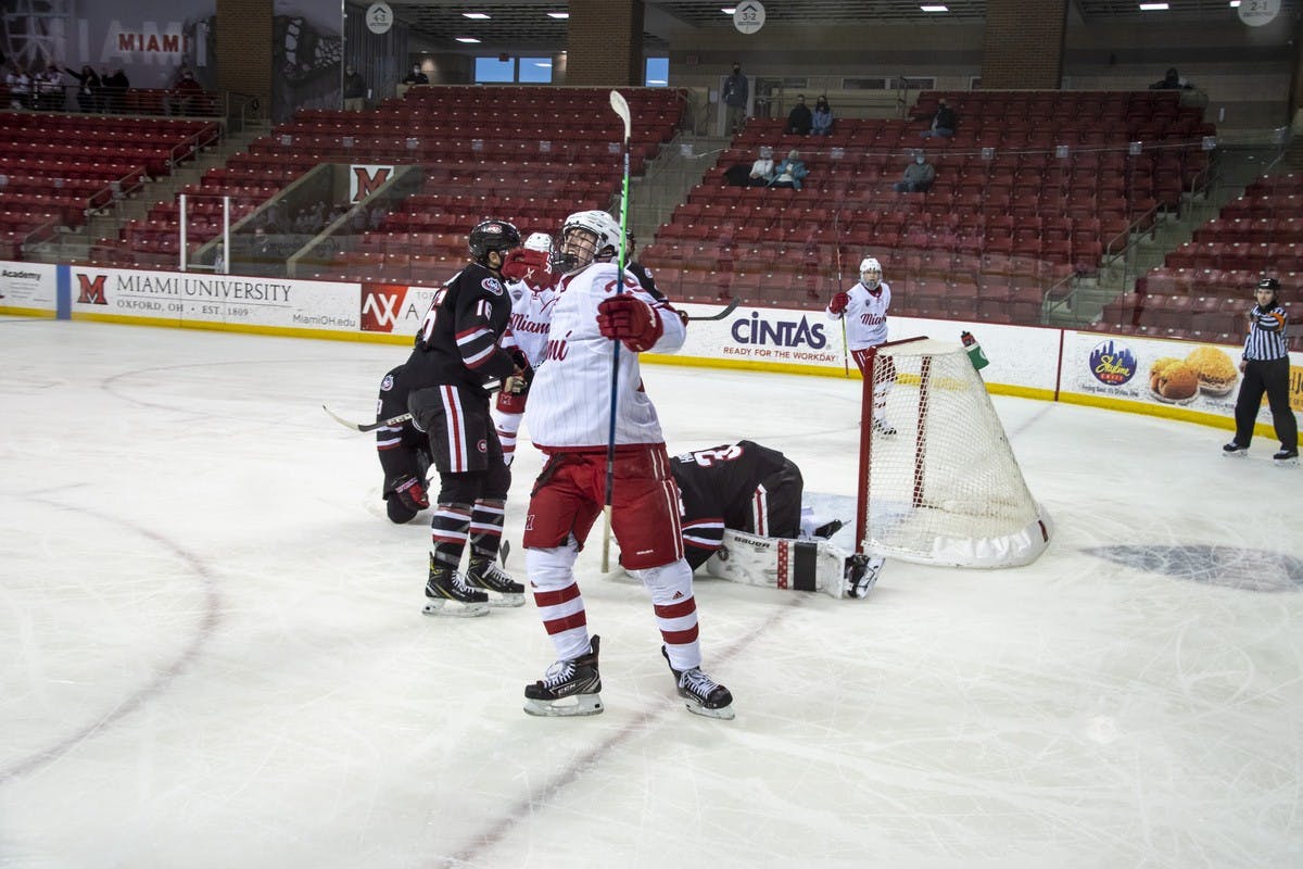 Freshman forward Matthew Barbolini celebrates a goal during a weekend series vs St. Cloud State.