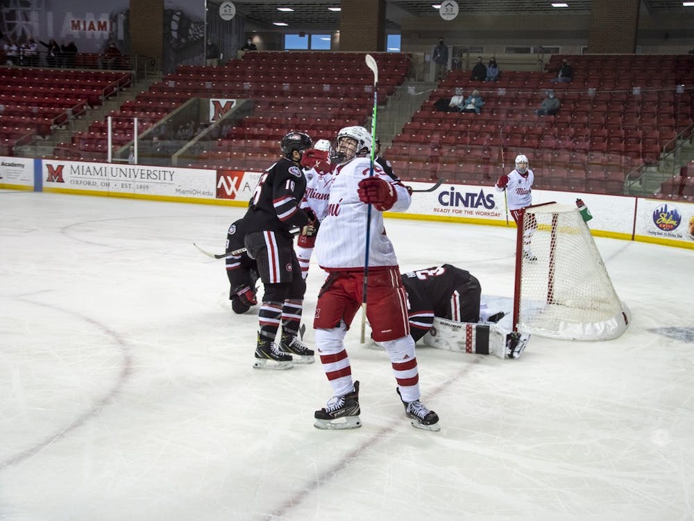 Freshman forward Matthew Barbolini celebrates a goal during a weekend series vs St. Cloud State.