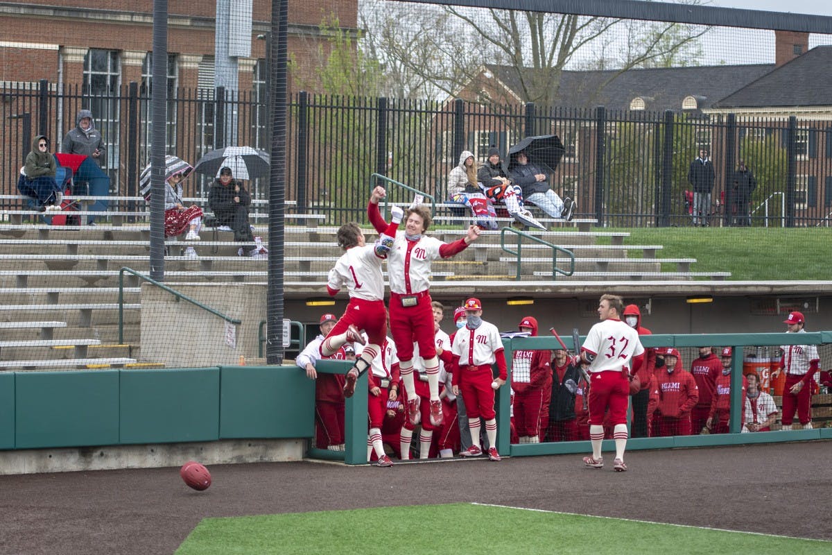 Senior infielder Tyler Wardell (pictured, no. 1) jumps for joy with a teammate during last weekend&#x27;s series vs. Western Michigan