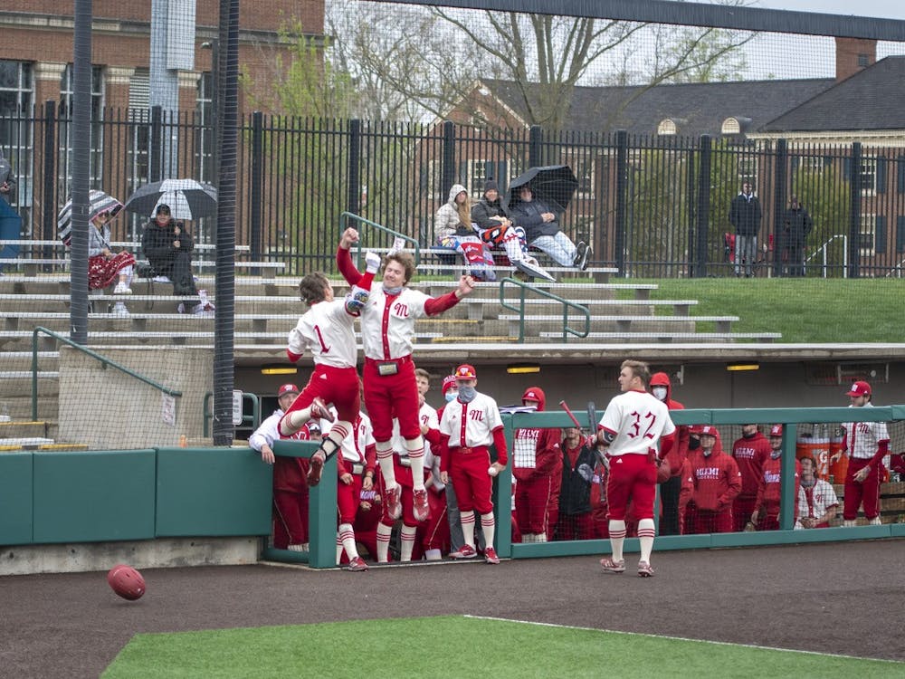 Senior infielder Tyler Wardell (pictured, no. 1) jumps for joy with a teammate during last weekend&#x27;s series vs. Western Michigan