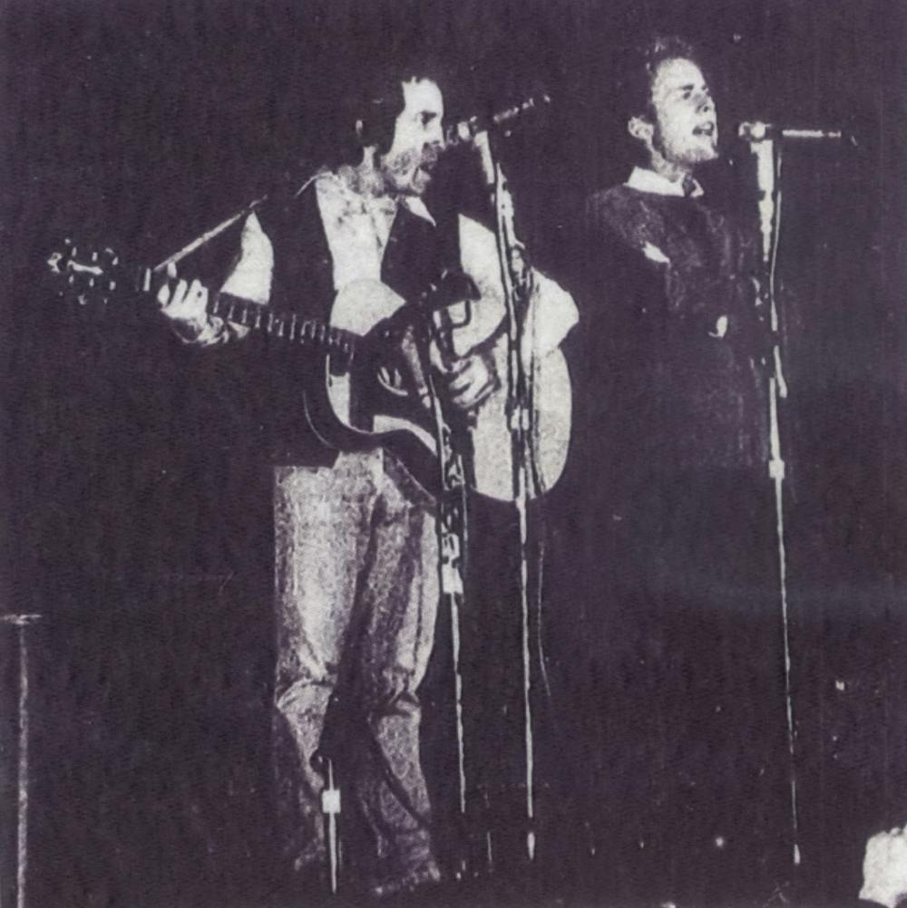 The largest crowd ever to gather in the Assembly Hall (over 11,000) witnessed the old and the new sounds of the popular Simon and Garfunkel guitar-vocal duo. Not shown in the picture is Paul Simon’s brother who appeared briefly on the stage in their “Hello, Love” which reminded many of the Everly Brothers