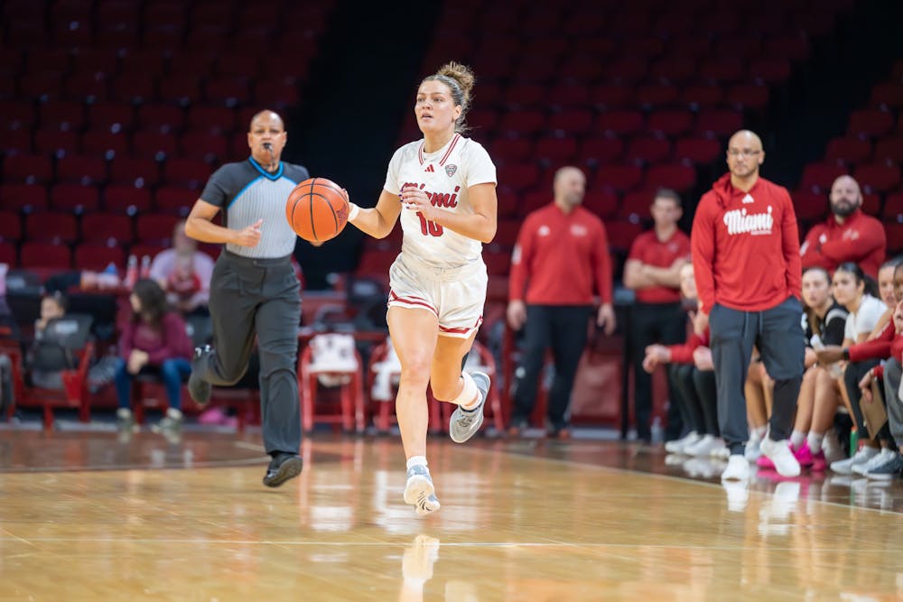 Graduate student guard Maya Chandler dribbling against Akron on Jan. 22 at Millett Hall