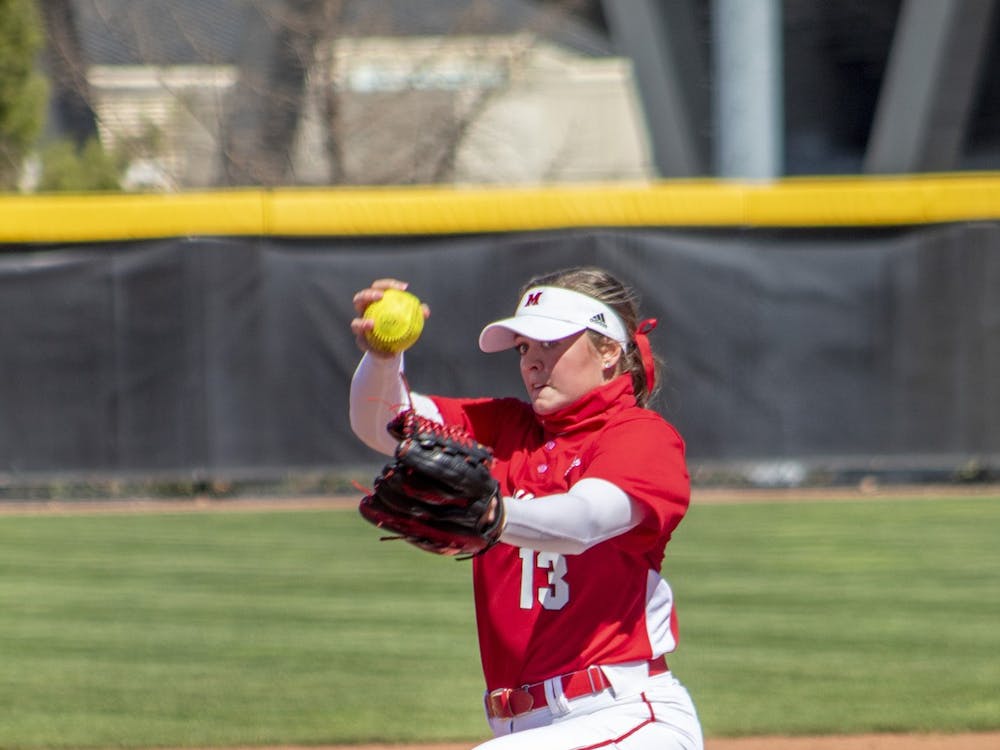 Senior star pitcher Courtney Vierstra throwing a strike at Miami Softball Stadium