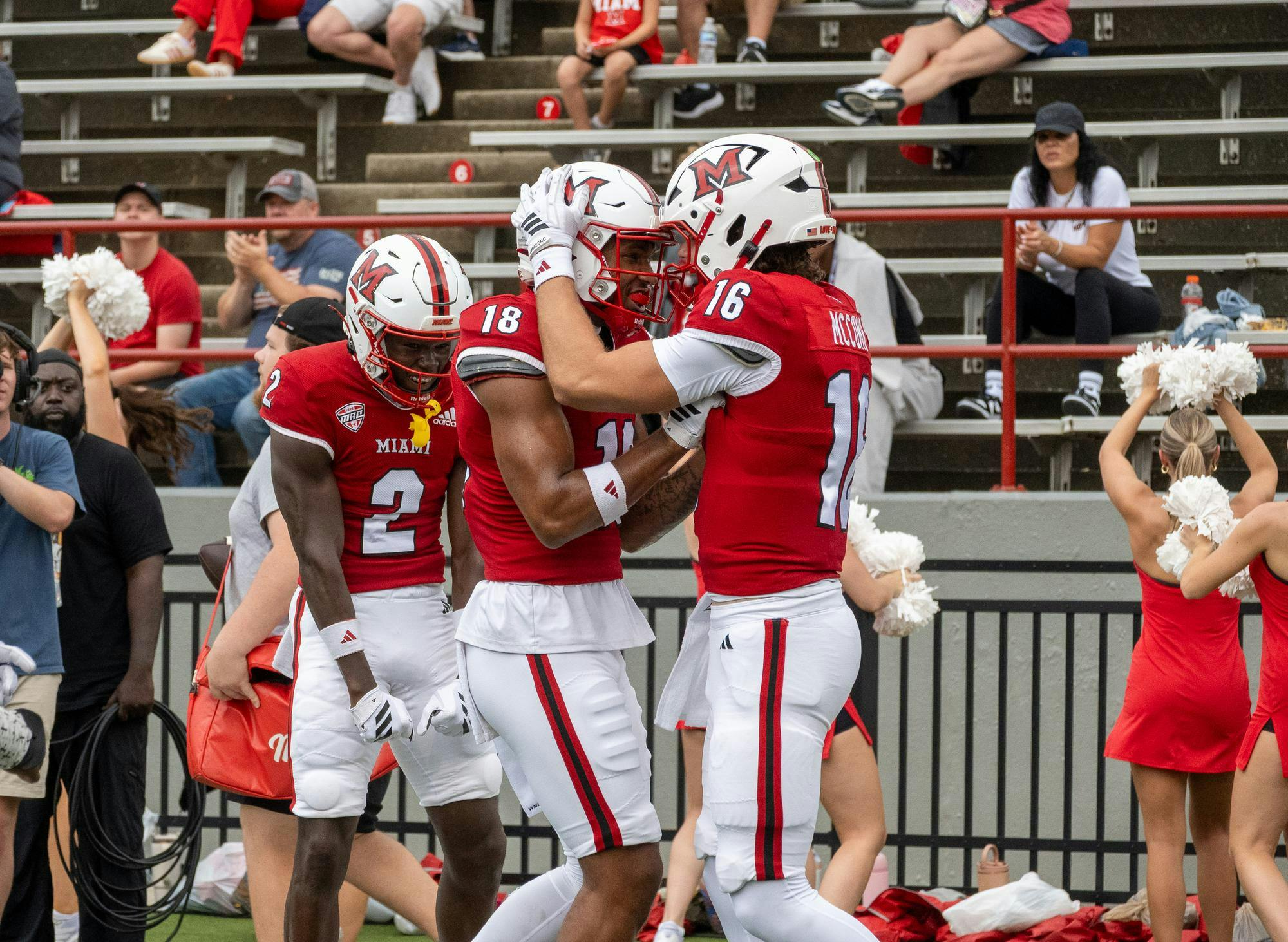 Quarterback David McComb and Wide Reciever Braylon Isom celebrate a touchdown in their game against Holy Cross on Sept. 12, 2026.