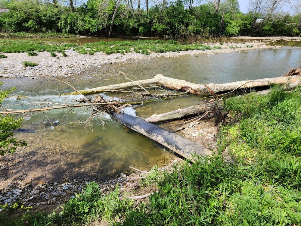 The exposed oil pipeline crossing Seven Mile Creek, where it could be damaged by hazards such as tree limbs. Photo provided by Tim McLelland