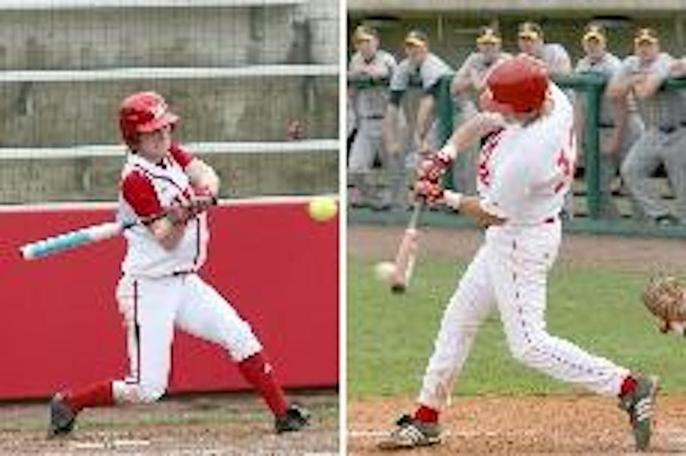 Alicia Hogl (left) smacks her game tying home run, while Jeff Carroll (right) connects on one of his six hits on the weekend.