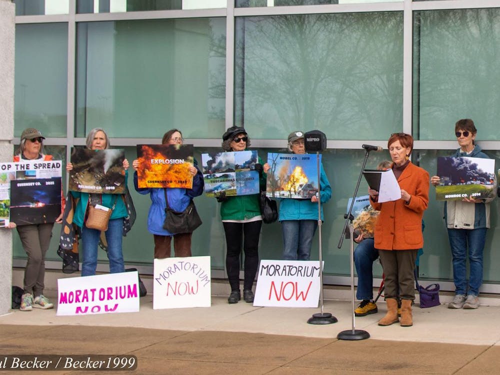 Judy Comeau-Hart of Faith Communities Together for a Sustainable Future speaks out against fracking at a recent Save Ohio Parks press conference.