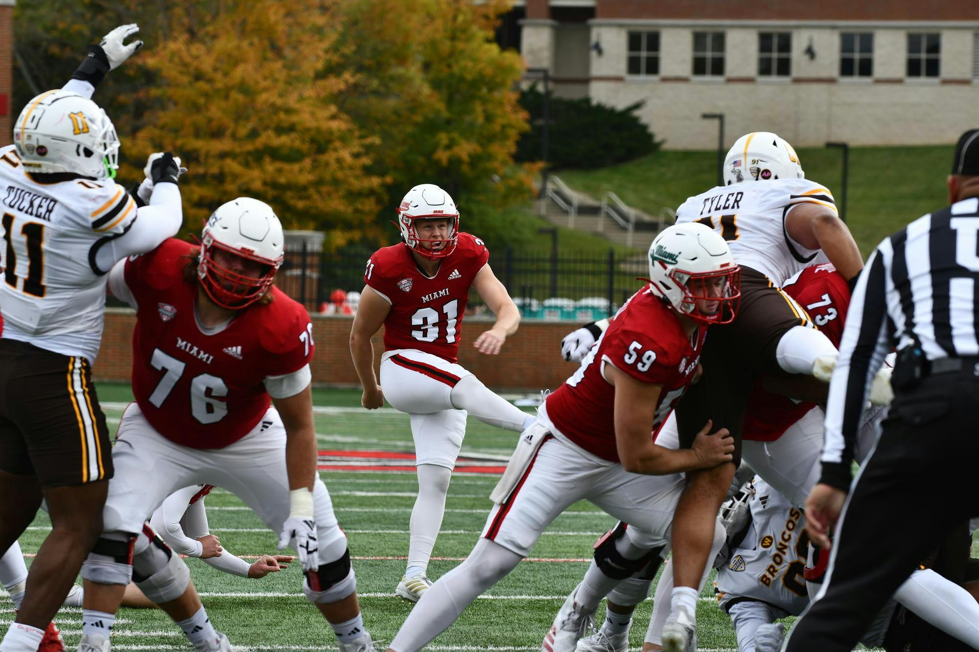 Redshirt senior kicker Dom Dzioban watches his third field goal of the day go through the uprights at Yager Stadium against Western Michigan on Oct. 25