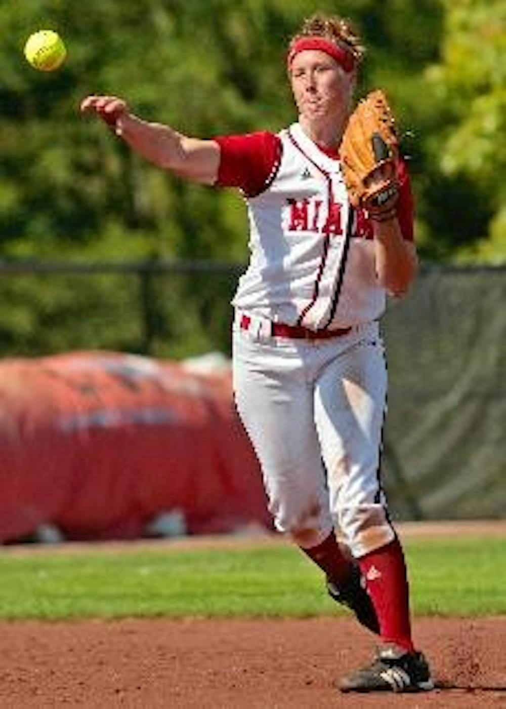 Miami pitcher Meredith Linch brings the heat against Dayton Sunday afternoon.   --Jeff Creech/The Miami Student