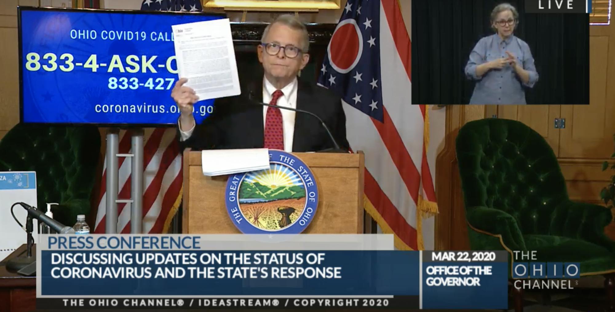 Governor Mike DeWine enacted a state-wide stay-at-home order at Sunday&#x27;s press conference. The order goes into effect at 11:59 p.m. on Monday. 