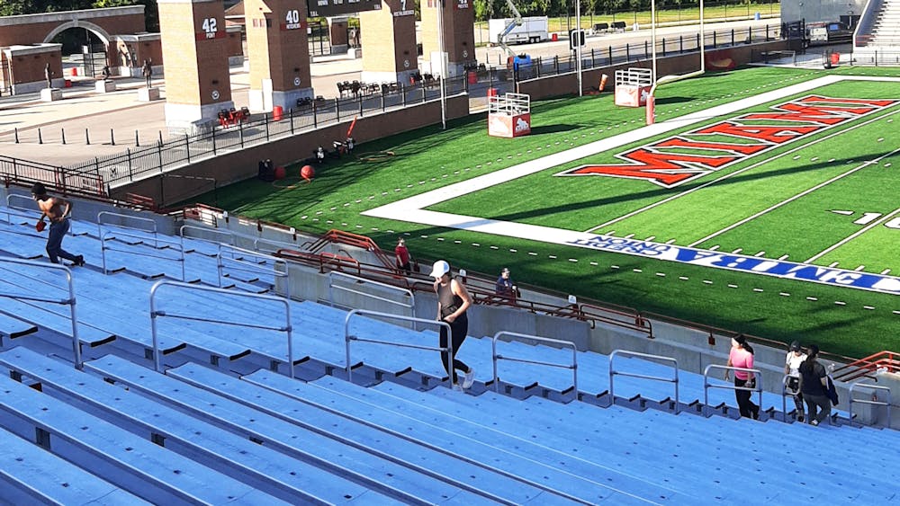 <p>At 8:30 a.m. Wednesday morning, dozens of people climbed the Yager Stadium bleachers to commemorate what first responders went through on 9/11.</p>