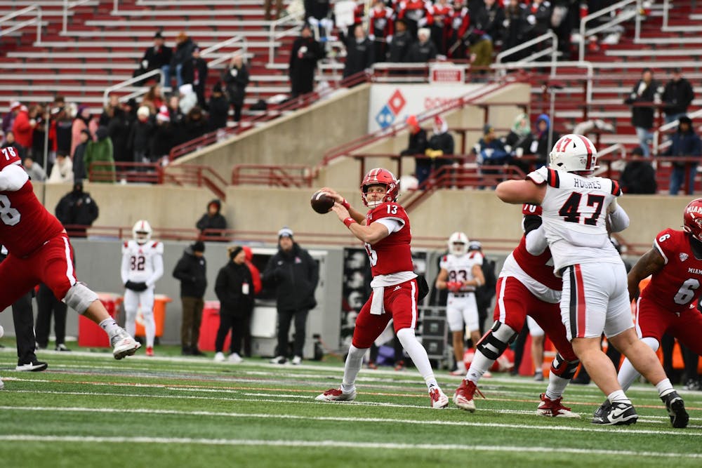 Redshirt freshman quarterback Thomas Gotkowski looks to throw against Ball State at Yager Stadium on Nov. 29