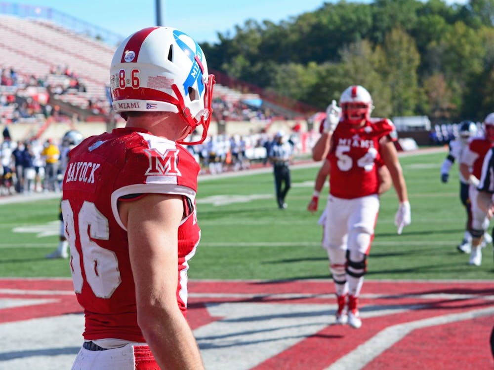 Redshirt senior wide receiver Luke Mayock donned a blue ribbon last season. This year's version of the helmets features the Miami "M" instead of the school name.