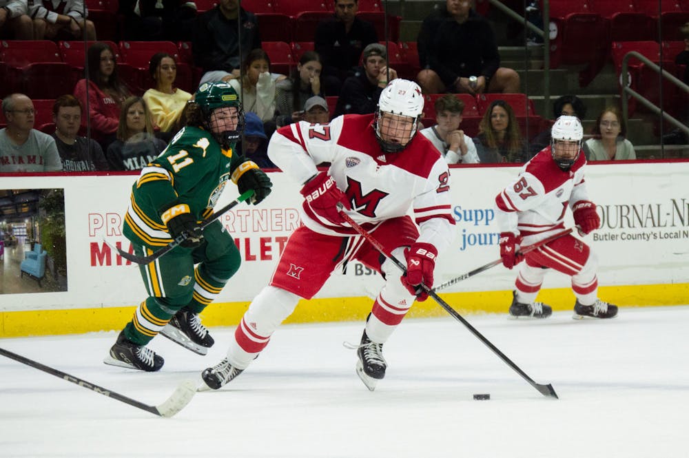 Dylan Moulton skates against the Alaska Anchorage Seawolves in the 2024-25 home-opening series