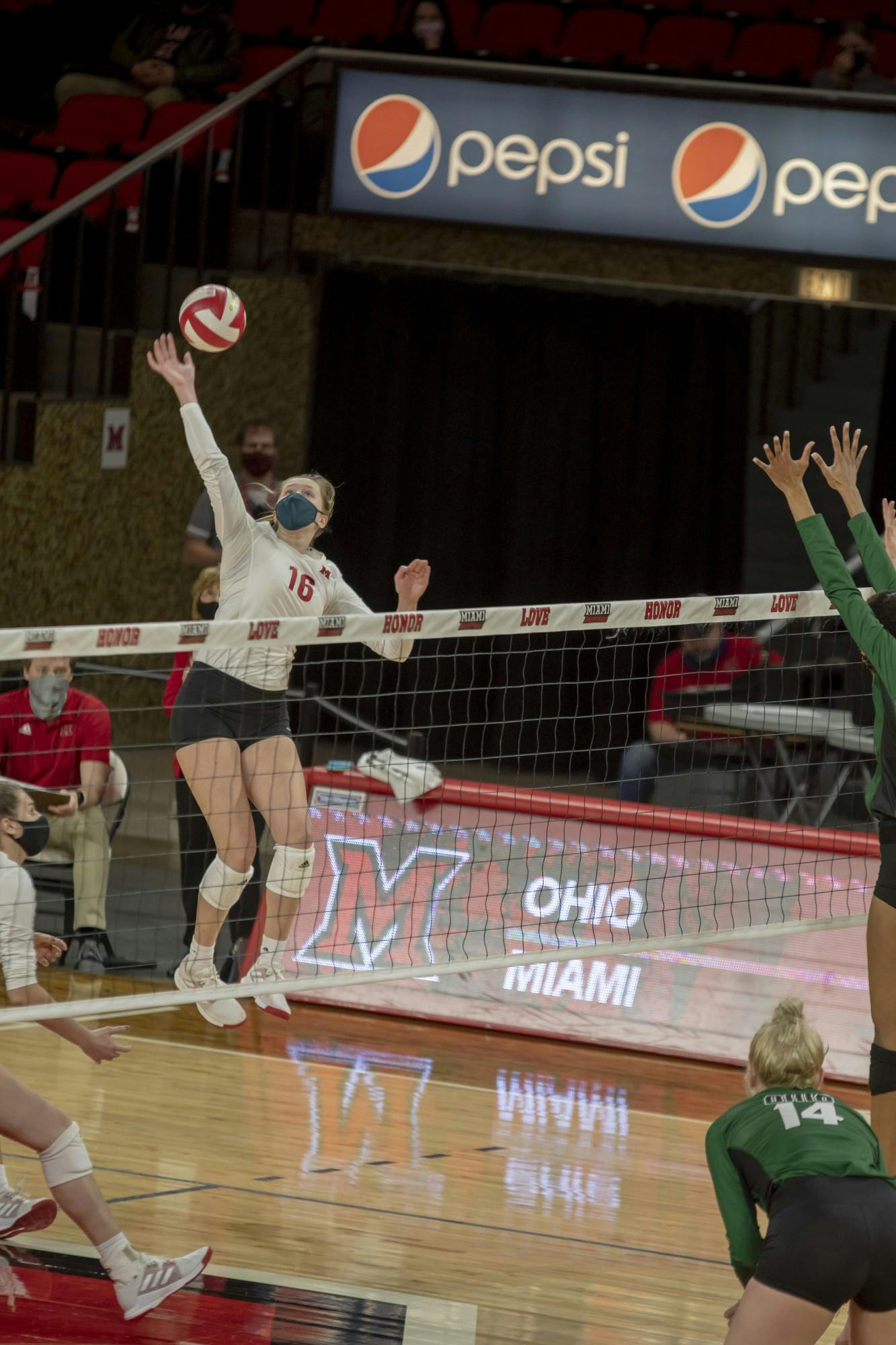 Senior right side Sophie Riemersma goes up for a spike in last year's contest vs. Ohio University.