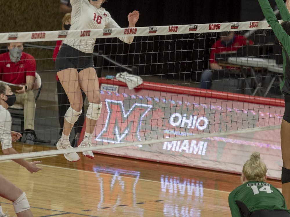 Senior right side Sophie Riemersma goes up for a spike in last year's contest vs. Ohio University.