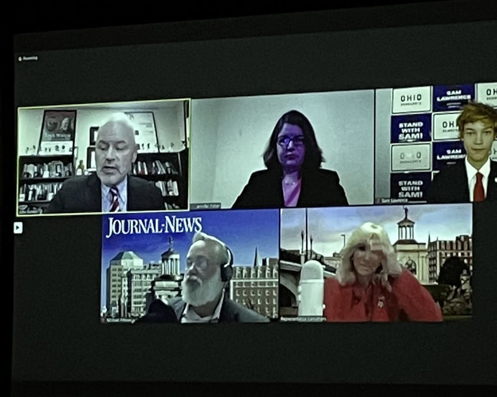 The virtual debate between Sam Lawrence and incumbent Sara Carruthers was live streamed in Shideler Hall for Miami students to watch.