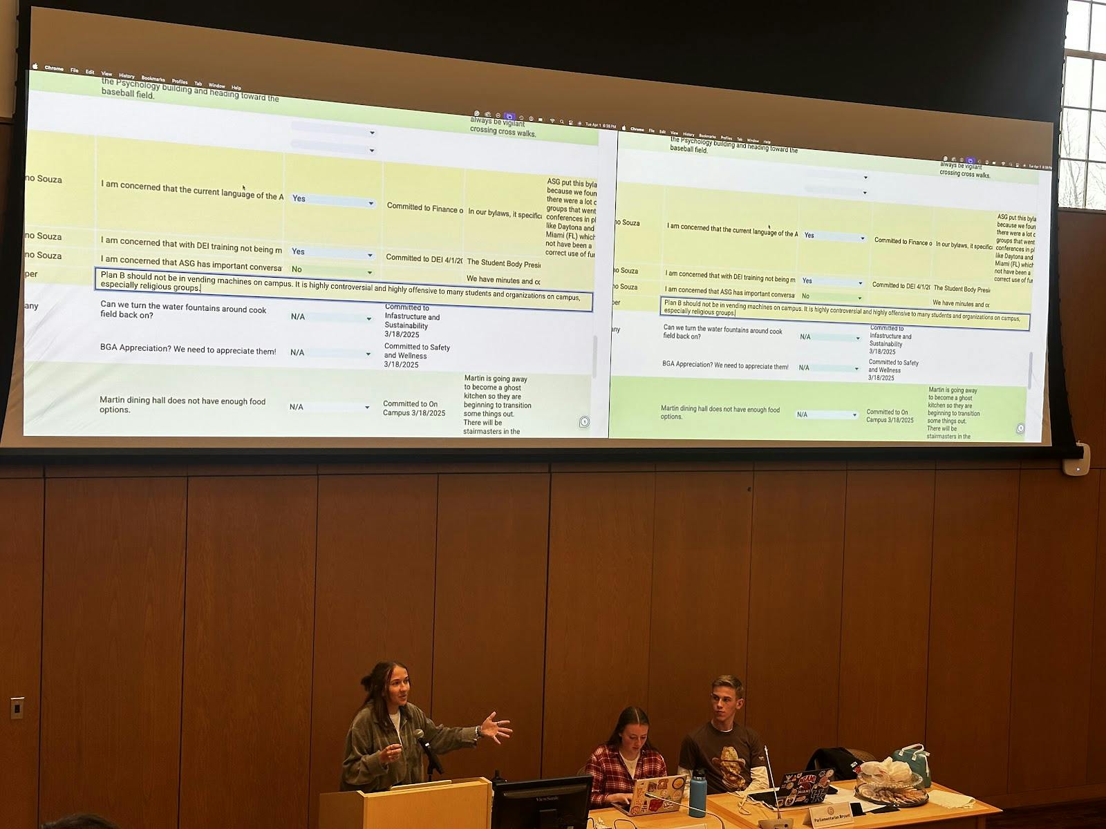 Speaker of the Senate Shelby Alford explains the process of entering a debate over a student concern of Plan B in a campus vending machine.