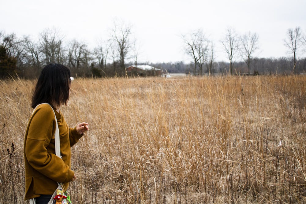 Ph.D. candidate Emily Galloway gazes over the restored prairie where she conducts her research