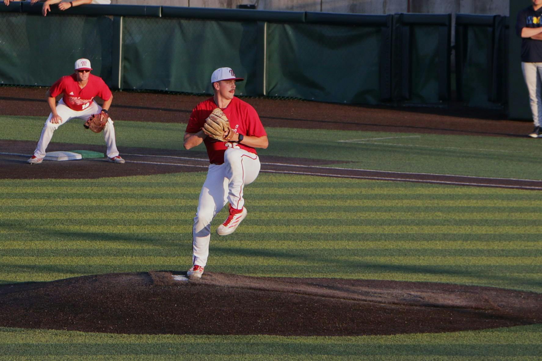 RHP Austin Berggren fires a pitch home against the University of Michigan on Apil 21 at McKie Field. 