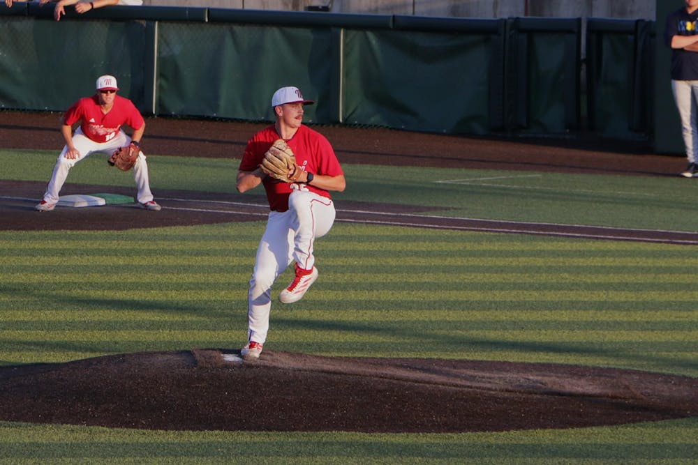 RHP Austin Berggren fires a pitch home against the University of Michigan on Apil 21 at McKie Field. 