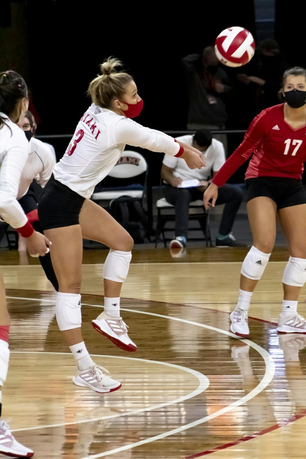 Senior libero Abigail Huser (pictured, in red) recorded a career-high 38 digs in Friday&#x27;s win over Eastern Michigan.