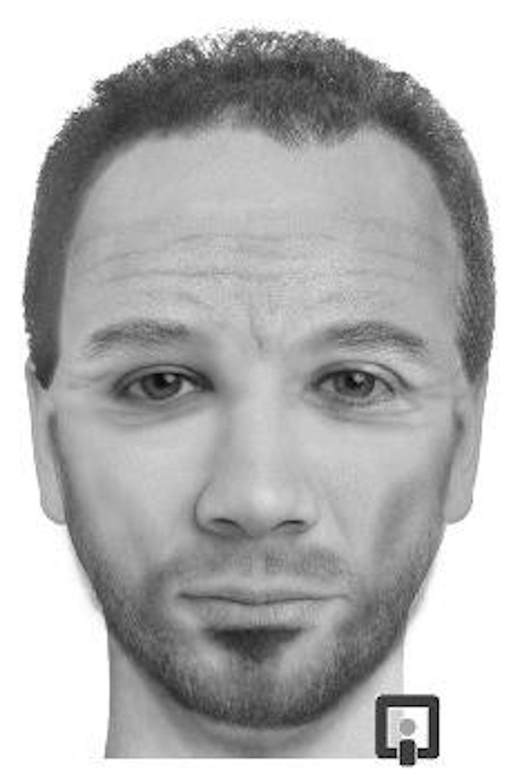 The suspect is described as a white male in his late 30s or early 40s with brown hair and facial hair.
