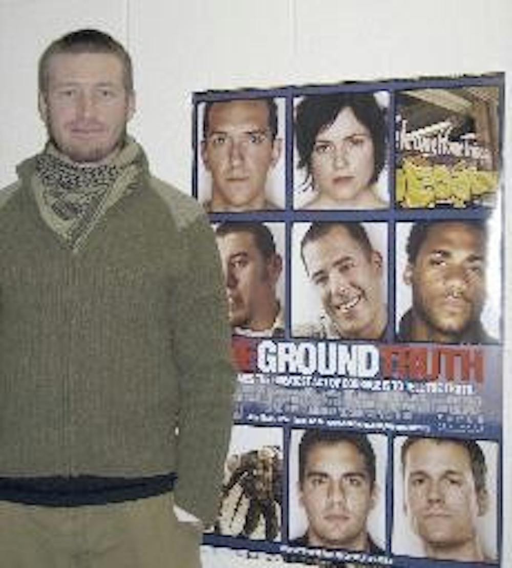 Garett Reppenhagen, an Iraq war veteran, spoke to students following the screening of the documentary The Ground Truth.