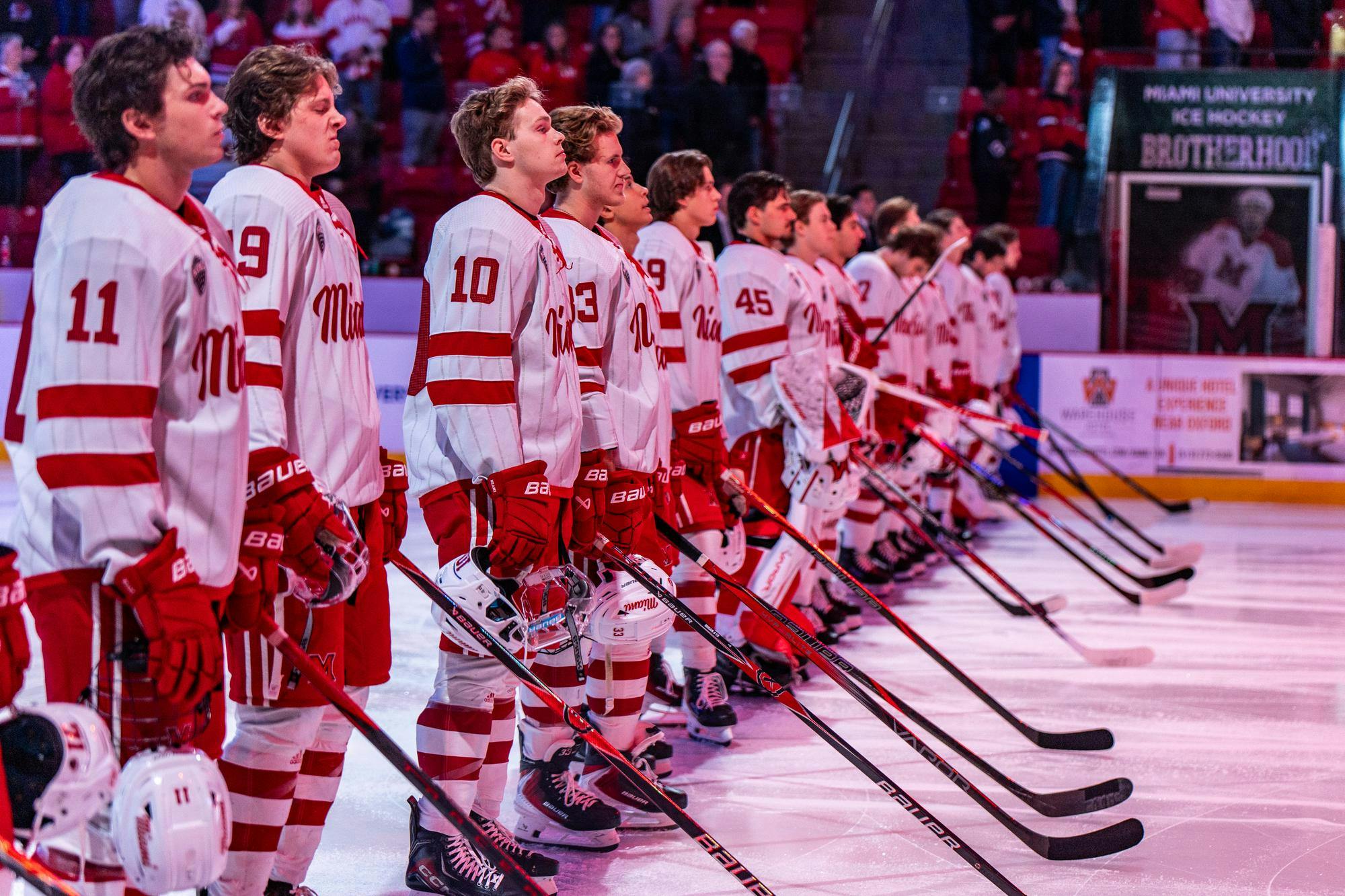 The Miami hockey team lines up at Goggin Ice Center before the game against Arizona State on Nov. 1