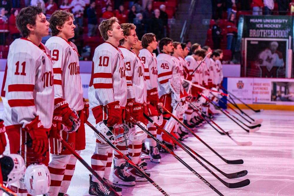 The Miami hockey team lines up at Goggin Ice Center before the game against Arizona State on Nov. 1